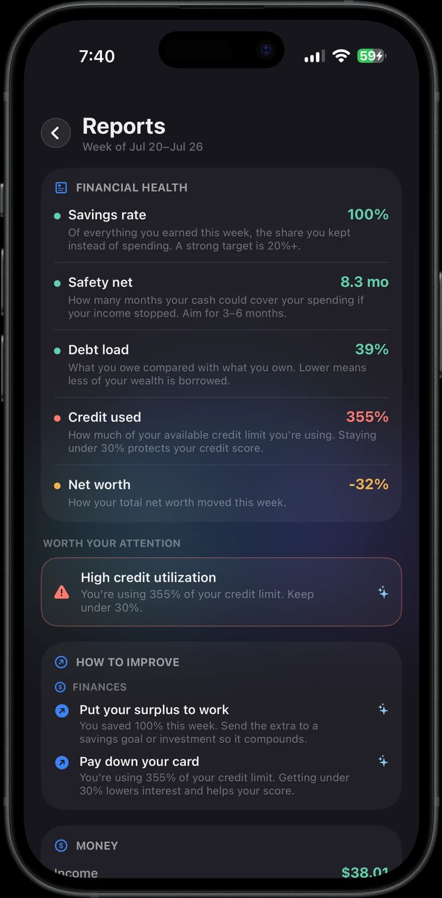 Mont report screen with AI insights